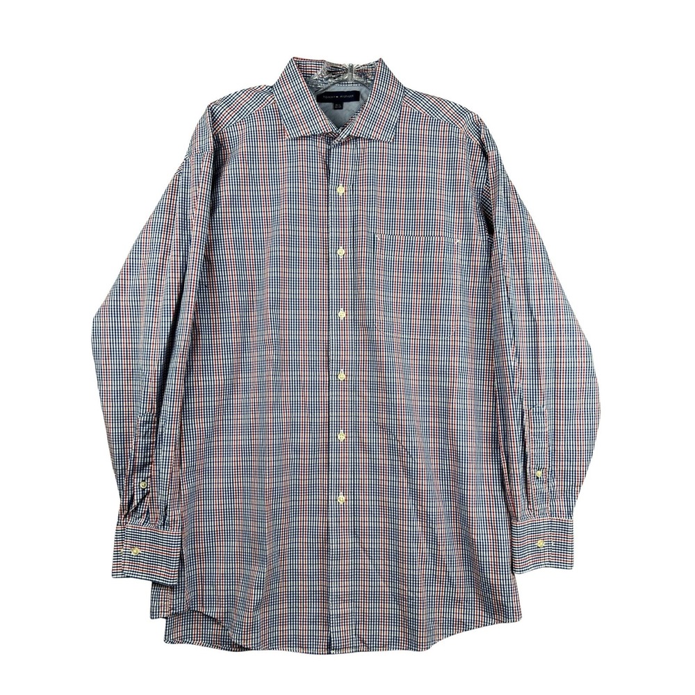 Tommy Hilfiger Mens Dress Shirt 15.5 32/33 Red Blue Gingham Check Regular Fit